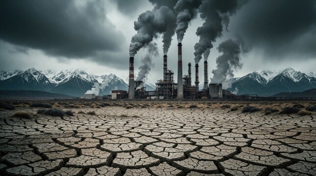 Industrial factory pollutes sky with smoke stacks. Dry cracked earth lies before snow capped mountains under dark storm clouds. Global warming effects.