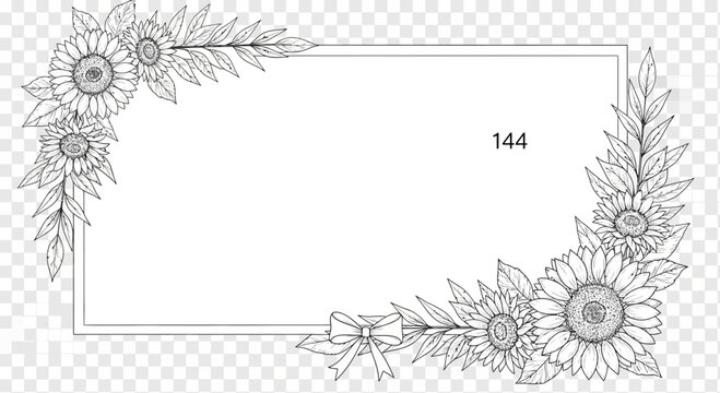 Hand drawn sunflower and leaf line art border frame with decorative bow