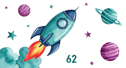 Fototapeta premium Illustrated rocket ship launching into space with planets and stars watercolor style