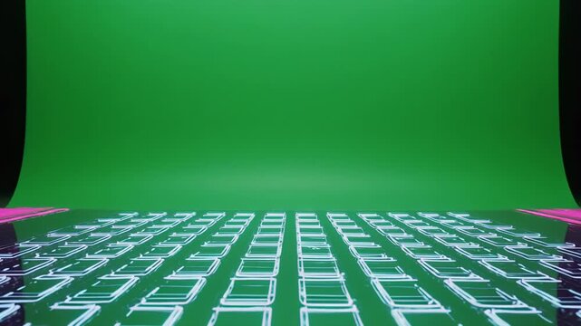 Green screen studio with reflective floor and neon lighting during a dynamic camera pan