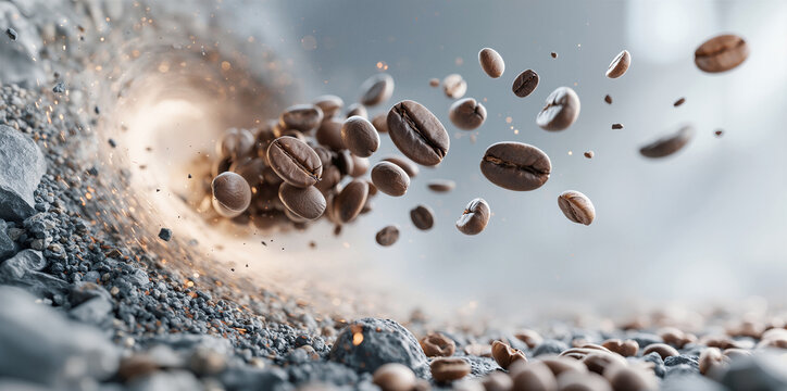 Vibrant midair coffee bean whirlpool displaying energetic motion against subdued lighting backdrop