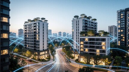 Naklejka premium Modern apartment buildings with rooftop gardens and city lights glow. Abstract network lines connect structures, showing smart city integration and connectivity. Urban life unfolds at twilight.