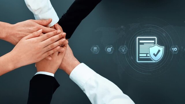 Diverse hands joined together over a document icon represent teamwork and collaboration in developing a robust data protection strategy in a digital context. Raster