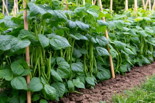 Green beans growing in organic vegetable garden on bamboo trellis