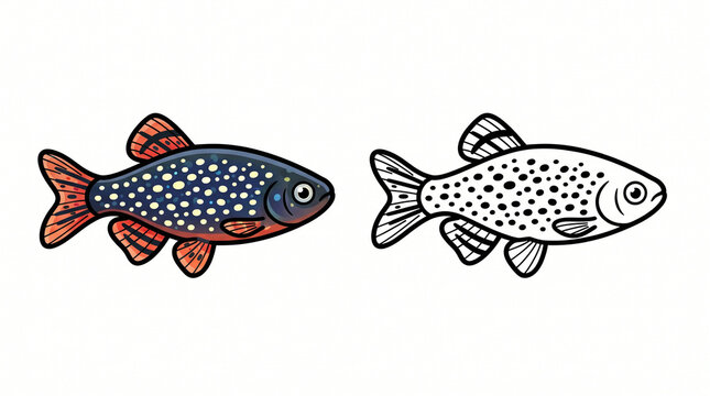 Two Identical Galaxy Rasbora Fish Illustrations &ndash; Colorful and Black-and-White Vector Set
