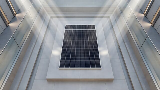 Sunlight rays converging onto central solar panel overhead view &ndash; Ideal for solar power, renewable energy, or clean tech architecture.