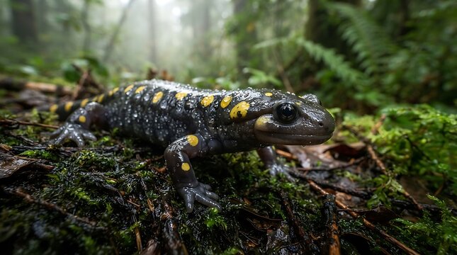 Spotted salamander crawling on forest