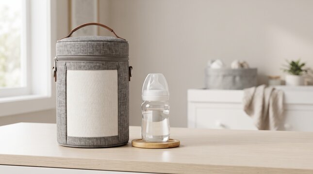 Insulated baby bottle travel bag and plastic feeding bottle on a wooden table