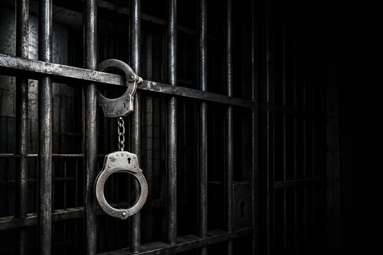 Metal Handcuffs Hanging on Dark Prison Cell Bars Representing Crime Justice Imprisonment and Loss of Freedom
