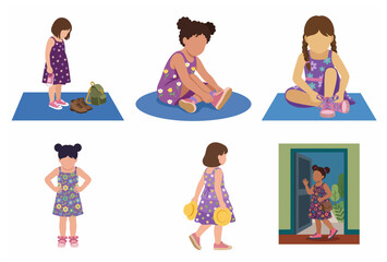 Collection of flat vector illustrations depicting young girls practicing independence by putting on shoes and getting ready to go out.