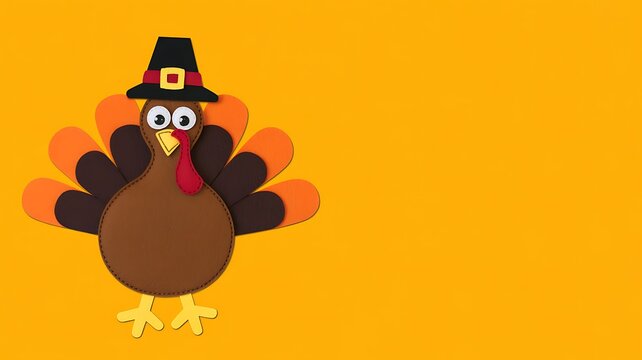 Festive thanksgiving turkey wearing a pilgrim hat on a bright orange background