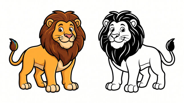 Two Identical Big Lion Illustrations &ndash; Colorful and Black-and-White Vector Set