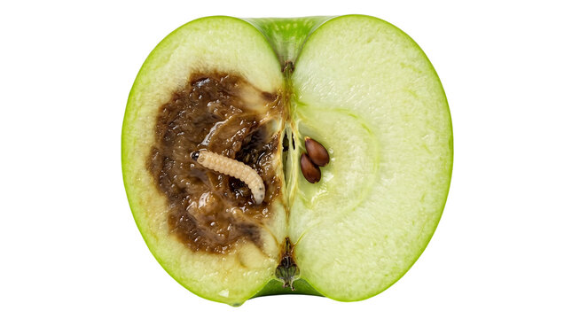 Half of green apple with rot and worm inside as isolated object