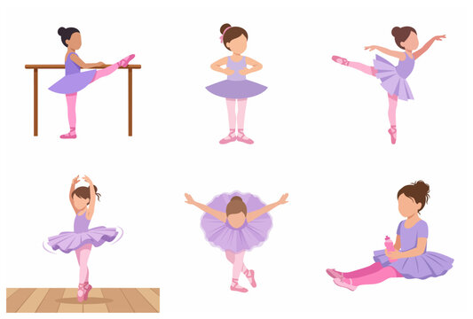 Collection of cute little ballerina girl characters in various ballet poses, young dancer in purple tutu practicing exercises, vector illustration isolated on white background