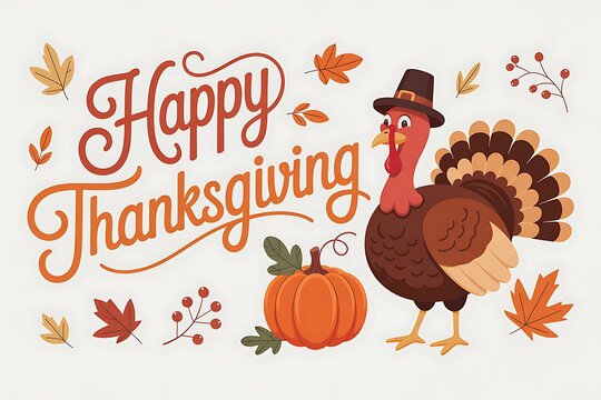 Festive thanksgiving illustration with a turkey pumpkin and autumn leaves greeting