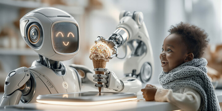 Smiling robot in modern setting shares ice cream joyfully with laughing young child