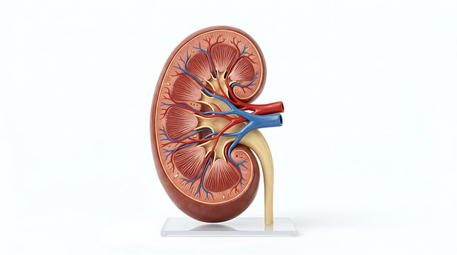 3D medical illustration of human kidney anatomy with blood vessels and ureter highlighted in detail