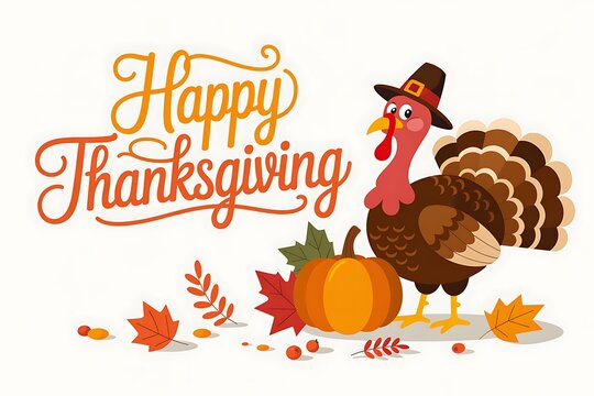 Festive thanksgiving illustration with a turkey wearing a pilgrim hat and autumn leaves