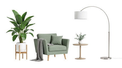 Fototapeta premium Modern living room furniture collection, stylish armchair with throw blanket, elegant floor lamp, potted plant, and side table, contemporary home decor elements for interior design projects