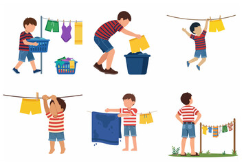 Set of illustrations of a little boy doing laundry chores, hanging wet clothes on a line, and carrying a basket on a white background.