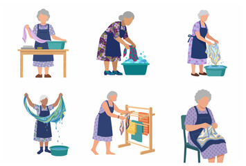 Fototapeta premium Elderly women doing laundry set of vector illustrations of senior characters washing clothes by hand folding drying and sewing