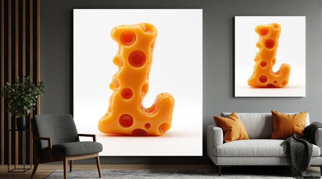 Edible alphabet letter L made from orange swiss cheese with holes. Large 3d food typography displayed as art in modern living room. Creative dairy product design hangs on dark wall above grey sofa in