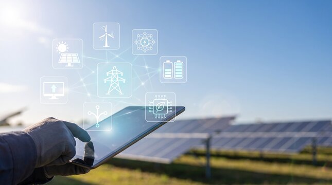 Technician Using Digital Tablet to Monitor Renewable Energy Infrastructure and Sustainable Power Grid Performance