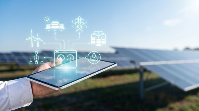 A technician monitoring renewable energy infrastructure efficiency using a digital tablet at a large solar power plant