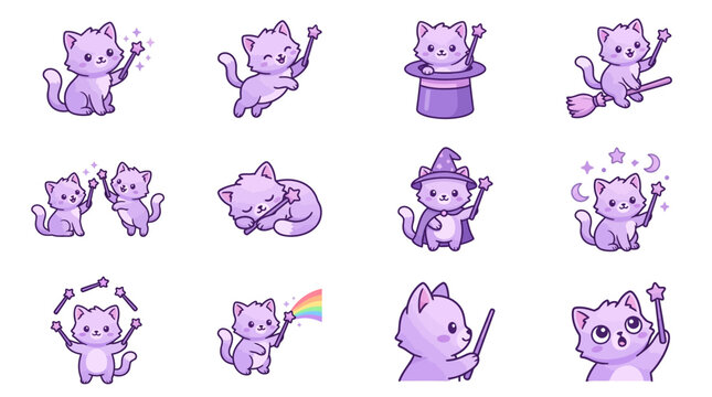 Kawaii purple cat wizard stickers with magic wands.