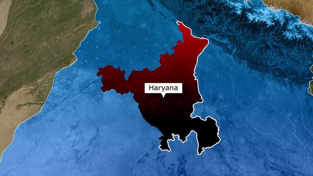 Haryana map highlight animation, red Indian state location marker on dark terrain background, north India regional geography overlay 4K