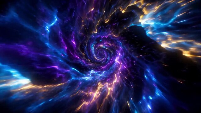 Colorful cosmic fractal particles spiral through a glowing abstract energy vortex.