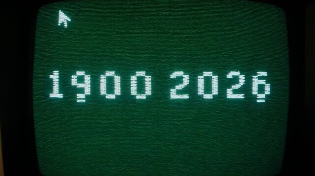 Vintage computer screen displaying 1900 to 2026 year progression with cursor in dark setting
