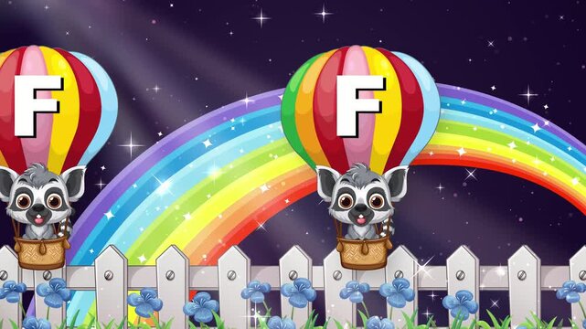 Cartoon Lemurs in Hot Air Balloons Floating Over Rainbow and Fence