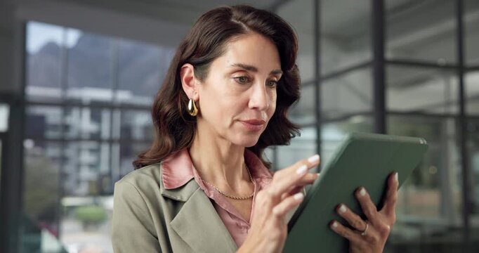 Tablet, review or woman in company for business, risk mitigation or reading insurance report. Research, broker or mature person in office with tech, scroll email or claims feedback with policy update