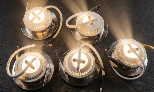 Five glowing recessed LED spotlights on a dark textured background