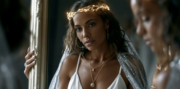 Sophisticated biracial bride in exquisite silk attire with luminous halo lighting