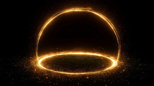 Glowing golden ring floats in darkness, creating a magical circle effect, ideal for abstract design and futuristic technological concepts