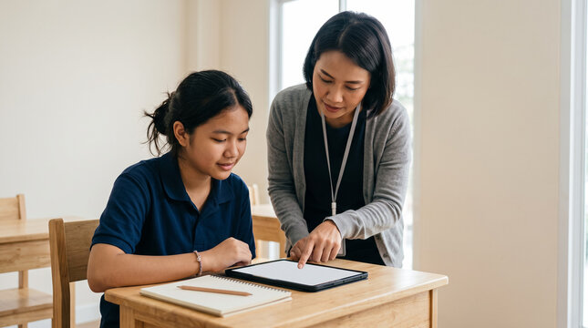Female teacher helping young Asian student with digital lesson on tablet in modern classroom study room.