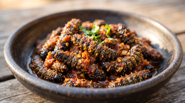 Delicious Mopane Worms in Savory Sauce: A close-up shot reveals a rustic bowl filled with plump mopane worms simmered in a rich, spiced tomato sauce, garnished with fresh herbs.