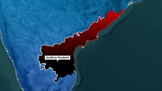 Andhra Pradesh map highlight animation, red Indian state location marker on coastal terrain background, south India regional geography overlay 4K