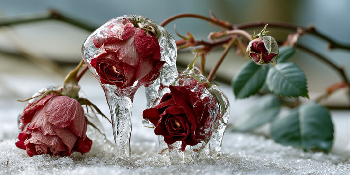 Chilled ruby flowers displayed within icy enclosure exhibit gentle sophistication