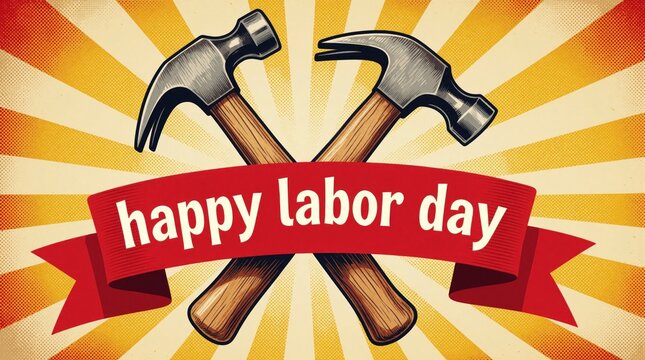 Two hammers are crossed under a red ribbon that reads happy labor day. The background has radiating lines in yellow and beige tones with halftone dots. Illustration celebrates workers and holidays.