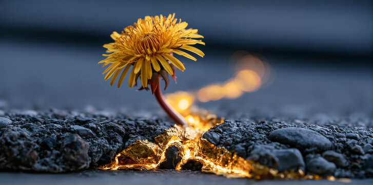 Luminous yellow blossom emerges defiantly from cracked concrete under fiery sunbeam