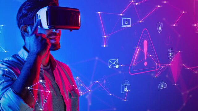A young man engages with a virtual reality headset in a vibrant setting, highlighting themes of technology, exploration, and digital security in modern life. Raster
