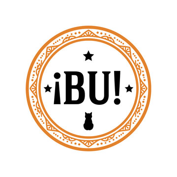 Estampilla vintage, texto iBU!, &iacute;cono de gato, marco circular decorativo, dise&ntilde;o gr&aacute;fico retro, patr&oacute;n tribal naranja, ilustraci&oacute;n vectorial, dise&ntilde;o de marca, insignia aislada editable svg