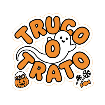 Etiqueta de vectores dise&ntilde;ada con la frase Truco o Trato y un fantasma de Halloween, estilo c&oacute;mico y kawaii para fiestas de dulces editable svg