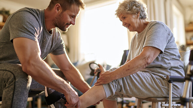 Attentive Male Physiotherapist Helping Senior Woman with Leg Strengthening and Ankle Weight Exercises at Home