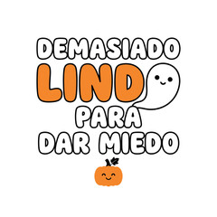 Demasiado lindo para dar miedo, diseño vectorial kawaii, tipografía divertida Halloween, calavera feliz y calabaza sonriente, arte gráfico de moda para niños editable svg