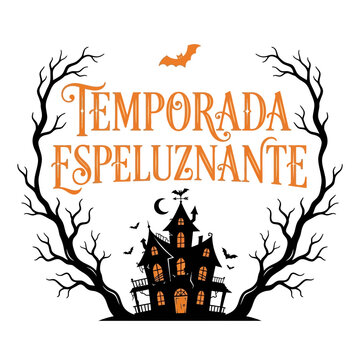 Texto Temporada Espeluznante en tipograf&iacute;a vintage naranja. Casa embrujada negra con lunas y murci&eacute;lagos dentro de ramas de &aacute;rboles muertos silueta. Dise&ntilde;o de men&uacute; de Halloween editable svg
