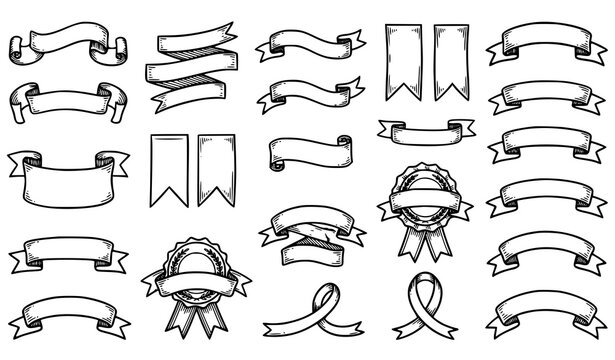 Vintage Hand Drawn Ribbon and Banner Doodle Set